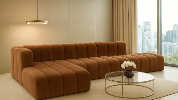 Luxus-Ecksofa, luxuriöses modulares Premium-Sofa im Veloursstoff Salvador GRAND L mit Hocker