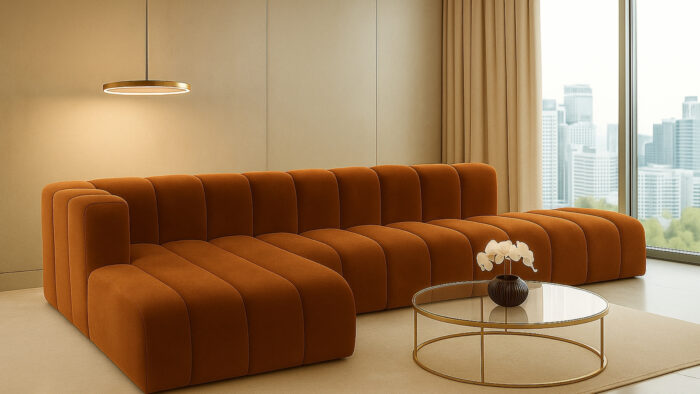 Luxus-Ecksofa, luxuriöses modulares Premium-Sofa im Veloursstoff Salvador GRAND L mit Hocker