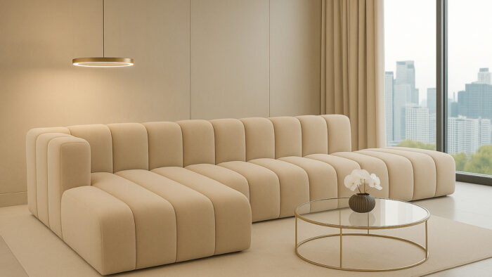 Luxus-Ecksofa, luxuriöses modulares Premium-Sofa im Veloursstoff Salvador GRAND L mit Hocker