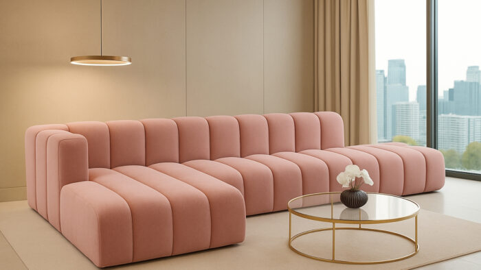 Luxus-Ecksofa, luxuriöses modulares Premium-Sofa im Veloursstoff Salvador GRAND L mit Hocker