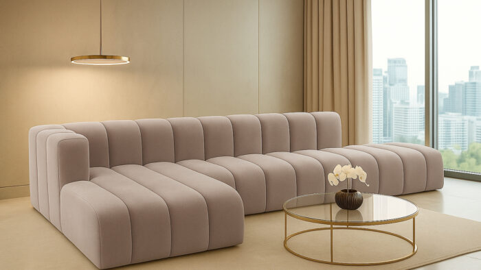 Luxus-Ecksofa, luxuriöses modulares Premium-Sofa im Veloursstoff Salvador GRAND L mit Hocker