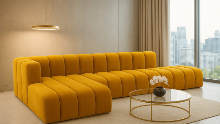 Luxus-Ecksofa, luxuriöses modulares Premium-Sofa im Veloursstoff Salvador GRAND L mit Hocker