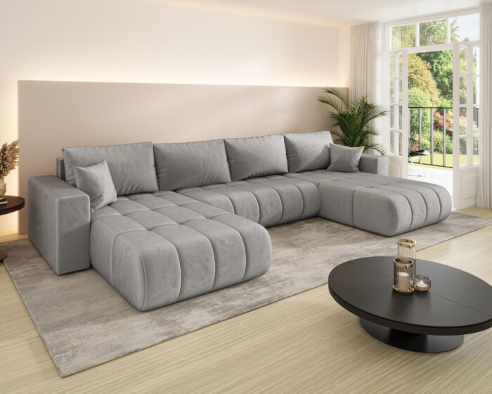 Ecksofa modernes U-Form Sofa mit Schlaffunktion und Bettkasten im Veloursstoff Monolith MILO U PREMIUM